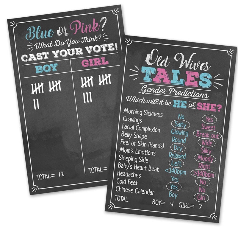 Pink Pixie Studio Old Wives Tales & Boy or Girl Voting Game Gender Reveal Party Posters 11" x 17" Black, Pink & Blue- Party Supplies, Activity, Decorations (2 Posters) - Image 1